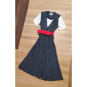 Vtg PinUp Rockabilly Swing Dress BlackWhite Polka Dot Red Belt Costume Theater 8